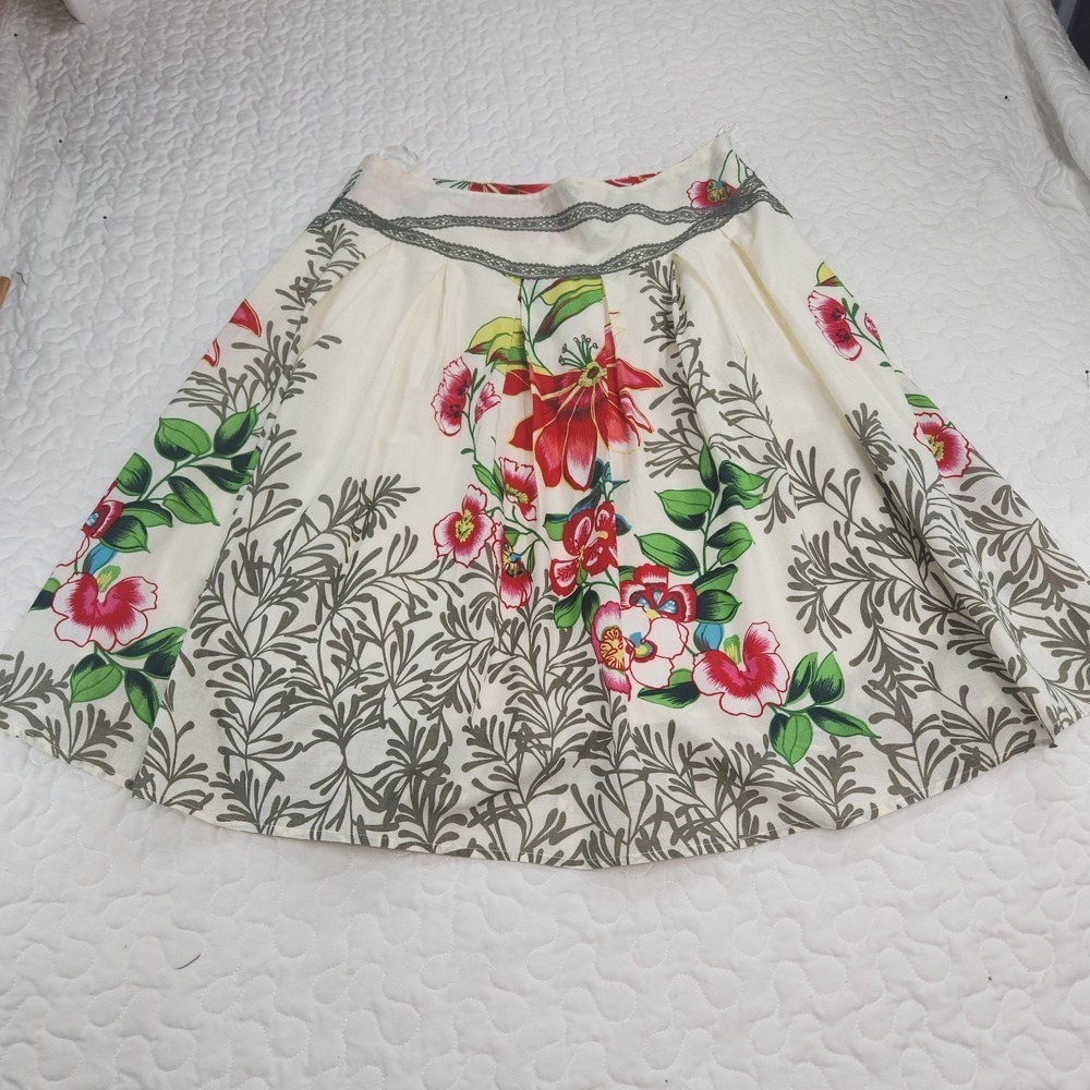 Cotton Skirt Garden Party Floral MIDI Elegant Tropical Preppy LARGE waist 30" - Picture 2 of 8